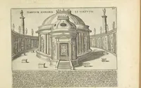 An illustration from Splendore dell'antica e moderna Roma : nel qvale si rappresentano tutti i principali tempii, teatri, anfiteatri, cerchi, naumachie, archi trionfali, obelischi, palagii, terme, curie, basiliche, fatti delli ré, consoli, dittatori, & imperadori romani : dignità ciuili, e militari, ordine de' trionfi, nomi di tutti i trionfanti, sacrificio militare; colonna Traiana, colonna Antonina, colonna milliaria, colonna rostrata, & colonna bellica; con li più segnalati giardini de gli antichi, e moderni Romani & altre cose notabili, con fatti, & imprese di quelli, da'quali sono stati eretti, e dedicati. : et in questa vltima impressione abbellito di molti disegni antichi, e moderni; & aggiuntoui le descrittioni delle figure cauate dall'antichi medaglie de gl'imperadori, in quatto linguagi latino, italiano, tedesco, e francese, per vtilità commune (1641)