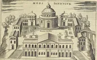 An illustration from Splendore dell'antica e moderna Roma : nel qvale si rappresentano tutti i principali tempii, teatri, anfiteatri, cerchi, naumachie, archi trionfali, obelischi, palagii, terme, curie, basiliche, fatti delli ré, consoli, dittatori, & imperadori romani : dignità ciuili, e militari, ordine de' trionfi, nomi di tutti i trionfanti, sacrificio militare; colonna Traiana, colonna Antonina, colonna milliaria, colonna rostrata, & colonna bellica; con li più segnalati giardini de gli antichi, e moderni Romani & altre cose notabili, con fatti, & imprese di quelli, da'quali sono stati eretti, e dedicati. : et in questa vltima impressione abbellito di molti disegni antichi, e moderni; & aggiuntoui le descrittioni delle figure cauate dall'antichi medaglie de gl'imperadori, in quatto linguagi latino, italiano, tedesco, e francese, per vtilità commune (1641)