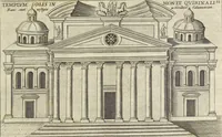 An illustration from Splendore dell'antica e moderna Roma : nel qvale si rappresentano tutti i principali tempii, teatri, anfiteatri, cerchi, naumachie, archi trionfali, obelischi, palagii, terme, curie, basiliche, fatti delli ré, consoli, dittatori, & imperadori romani : dignità ciuili, e militari, ordine de' trionfi, nomi di tutti i trionfanti, sacrificio militare; colonna Traiana, colonna Antonina, colonna milliaria, colonna rostrata, & colonna bellica; con li più segnalati giardini de gli antichi, e moderni Romani & altre cose notabili, con fatti, & imprese di quelli, da'quali sono stati eretti, e dedicati. : et in questa vltima impressione abbellito di molti disegni antichi, e moderni; & aggiuntoui le descrittioni delle figure cauate dall'antichi medaglie de gl'imperadori, in quatto linguagi latino, italiano, tedesco, e francese, per vtilità commune (1641)