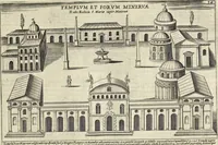An illustration from Splendore dell'antica e moderna Roma : nel qvale si rappresentano tutti i principali tempii, teatri, anfiteatri, cerchi, naumachie, archi trionfali, obelischi, palagii, terme, curie, basiliche, fatti delli ré, consoli, dittatori, & imperadori romani : dignità ciuili, e militari, ordine de' trionfi, nomi di tutti i trionfanti, sacrificio militare; colonna Traiana, colonna Antonina, colonna milliaria, colonna rostrata, & colonna bellica; con li più segnalati giardini de gli antichi, e moderni Romani & altre cose notabili, con fatti, & imprese di quelli, da'quali sono stati eretti, e dedicati. : et in questa vltima impressione abbellito di molti disegni antichi, e moderni; & aggiuntoui le descrittioni delle figure cauate dall'antichi medaglie de gl'imperadori, in quatto linguagi latino, italiano, tedesco, e francese, per vtilità commune (1641)