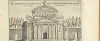 Picture 40 of 168 from Splendore dell'antica e moderna Roma : nel qvale si rappresentano tutti i principali tempii, teatri, anfiteatri, cerchi, naumachie, archi trionfali, obelischi, palagii, terme, curie, basiliche, fatti delli ré, consoli, dittatori, & imperadori romani : dignità ciuili, e militari, ordine de' trionfi, nomi di tutti i trionfanti, sacrificio militare; colonna Traiana, colonna Antonina, colonna milliaria, colonna rostrata, & colonna bellica; con li più segnalati giardini de gli antichi, e moderni Romani & altre cose notabili, con fatti, & imprese di quelli, da'quali sono stati eretti, e dedicati. : et in questa vltima impressione abbellito di molti disegni antichi, e moderni; & aggiuntoui le descrittioni delle figure cauate dall'antichi medaglie de gl'imperadori, in quatto linguagi latino, italiano, tedesco, e francese, per vtilità commune (1641), leaf 98