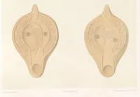 An illustration from Catacombes de Rome : architecture, peintures murales, lampes, vases, pierres précieuses gravées, instruments, objets divers, fragments de vases en verre doré, inscriptions, figures et symboles gravés sur pierre (1851)