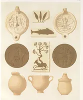 An illustration from Catacombes de Rome : architecture, peintures murales, lampes, vases, pierres précieuses gravées, instruments, objets divers, fragments de vases en verre doré, inscriptions, figures et symboles gravés sur pierre (1851)