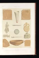 An illustration from Catacombes de Rome : architecture, peintures murales, lampes, vases, pierres précieuses gravées, instruments, objets divers, fragments de vases en verre doré, inscriptions, figures et symboles gravés sur pierre (1851)