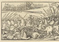 An illustration from Des hochberümptesten Geschicht Schreybers Justini warhafftige Hystorien, die er auss Trogo Pompeio gezoge[n] vn[d] inn vierzig vier Bücher aussgeteylt darinn er von vil Künigreychen der Welt wie die auff vnnd Abgang genom[m]en beschryben (1531)