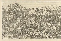 An illustration from Des hochberümptesten Geschicht Schreybers Justini warhafftige Hystorien, die er auss Trogo Pompeio gezoge[n] vn[d] inn vierzig vier Bücher aussgeteylt darinn er von vil Künigreychen der Welt wie die auff vnnd Abgang genom[m]en beschryben (1531)