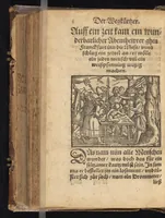 An illustration from Der Wegkürtzer : das dritte Theil des Rollwagens : von viel schönen lustigen vnd kurtzweiligen Historien in Wägen, Schiffen, Gärten, Zechen vnd sonsten lustig zůlesen vnnd zů erzelen : mit einem sehr schönen vnd fast nützlichen Büchlin, darinn die jungen Gesellen beuorab die sich frembder Land gebrauchen wöllen, wess sie sich halten sollen, vunterwiesen werden, mit schönen Historien beybracht : jetzt abermal mit Fleiss vbersehen, gemehret vnnd schonen Figuren geziert, sampt einem kurrtzen Register (1565)