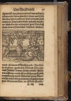 An illustration from Der Wegkürtzer : das dritte Theil des Rollwagens : von viel schönen lustigen vnd kurtzweiligen Historien in Wägen, Schiffen, Gärten, Zechen vnd sonsten lustig zůlesen vnnd zů erzelen : mit einem sehr schönen vnd fast nützlichen Büchlin, darinn die jungen Gesellen beuorab die sich frembder Land gebrauchen wöllen, wess sie sich halten sollen, vunterwiesen werden, mit schönen Historien beybracht : jetzt abermal mit Fleiss vbersehen, gemehret vnnd schonen Figuren geziert, sampt einem kurrtzen Register (1565)