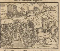 An illustration from Der Wegkürtzer : das dritte Theil des Rollwagens : von viel schönen lustigen vnd kurtzweiligen Historien in Wägen, Schiffen, Gärten, Zechen vnd sonsten lustig zůlesen vnnd zů erzelen : mit einem sehr schönen vnd fast nützlichen Büchlin, darinn die jungen Gesellen beuorab die sich frembder Land gebrauchen wöllen, wess sie sich halten sollen, vunterwiesen werden, mit schönen Historien beybracht : jetzt abermal mit Fleiss vbersehen, gemehret vnnd schonen Figuren geziert, sampt einem kurrtzen Register (1565)