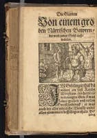 Picture 7 of 16 from Die Gartengesellschafft : das ander Theil dess Rollwagens : darinn mancherley frölich Gsprech, Schimpfreden, Speywerck vnnd sonst kurtzweilige Schwenck vnnd Bossen, von Historien vnnd Fabeln zů finden : in Gärten, Zechen vnnd auff dem Feld, sehr lustig zů lesen ; jetzt widerumb von newem mit Fleiss vbersehen, gemehrt, vnd mit schönen Figuren geziert, sampt einem ordenlichen Register (1565), leaf 13