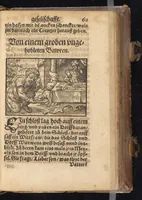 Picture 10 of 16 from Die Gartengesellschafft : das ander Theil dess Rollwagens : darinn mancherley frölich Gsprech, Schimpfreden, Speywerck vnnd sonst kurtzweilige Schwenck vnnd Bossen, von Historien vnnd Fabeln zů finden : in Gärten, Zechen vnnd auff dem Feld, sehr lustig zů lesen ; jetzt widerumb von newem mit Fleiss vbersehen, gemehrt, vnd mit schönen Figuren geziert, sampt einem ordenlichen Register (1565), leaf 130