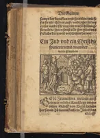 An illustration from Die Gartengesellschafft : das ander Theil dess Rollwagens : darinn mancherley frölich Gsprech, Schimpfreden, Speywerck vnnd sonst kurtzweilige Schwenck vnnd Bossen, von Historien vnnd Fabeln zů finden : in Gärten, Zechen vnnd auff dem Feld, sehr lustig zů lesen ; jetzt widerumb von newem mit Fleiss vbersehen, gemehrt, vnd mit schönen Figuren geziert, sampt einem ordenlichen Register (1565)