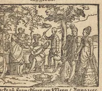 Picture 1 of 16 from Die Gartengesellschafft : das ander Theil dess Rollwagens : darinn mancherley frölich Gsprech, Schimpfreden, Speywerck vnnd sonst kurtzweilige Schwenck vnnd Bossen, von Historien vnnd Fabeln zů finden : in Gärten, Zechen vnnd auff dem Feld, sehr lustig zů lesen ; jetzt widerumb von newem mit Fleiss vbersehen, gemehrt, vnd mit schönen Figuren geziert, sampt einem ordenlichen Register (1565), leaf 4