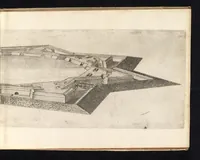 An illustration from Prospettiva di fortificationi dell'ingegnere et capitano Girolamo Portigiani Fioren[tin]o : nella quale rimirando ciascheduno professore esperto dell'arte della militia, potrà in un subito come in uno specchio uedere tutto qucllo quasi, che altroue alla lunga & del fabricare & del difendere & dell'espugnar fortezze, letto, ò in ca[m]pagna, in fatto praticato hauessi .. (1648)