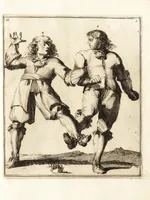 Picture 13 of 23 from L'academie de l'admirable art de la lutte : montrant d'une maniere très exacte non seulement la force extraordinaire de l'homme, mais aussi les mouvemens merveilleux, l'usage singulier, & les souplesses des principales parties ou membres du corps humain : avec une instruction claire & familiaire, comment on peut en toutes les occasions repousser sûrement & adroitement toutes sortes d'insultes & d'attaques, leaf 104