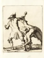 An illustration from L'academie de l'admirable art de la lutte : montrant d'une maniere très exacte non seulement la force extraordinaire de l'homme, mais aussi les mouvemens merveilleux, l'usage singulier, & les souplesses des principales parties ou membres du corps humain : avec une instruction claire & familiaire, comment on peut en toutes les occasions repousser sûrement & adroitement toutes sortes d'insultes & d'attaques