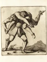 Picture 19 of 23 from L'academie de l'admirable art de la lutte : montrant d'une maniere très exacte non seulement la force extraordinaire de l'homme, mais aussi les mouvemens merveilleux, l'usage singulier, & les souplesses des principales parties ou membres du corps humain : avec une instruction claire & familiaire, comment on peut en toutes les occasions repousser sûrement & adroitement toutes sortes d'insultes & d'attaques, leaf 122
