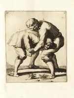 An illustration from L'academie de l'admirable art de la lutte : montrant d'une maniere très exacte non seulement la force extraordinaire de l'homme, mais aussi les mouvemens merveilleux, l'usage singulier, & les souplesses des principales parties ou membres du corps humain : avec une instruction claire & familiaire, comment on peut en toutes les occasions repousser sûrement & adroitement toutes sortes d'insultes & d'attaques