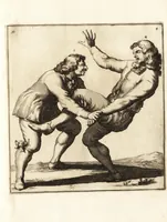 An illustration from L'academie de l'admirable art de la lutte : montrant d'une maniere très exacte non seulement la force extraordinaire de l'homme, mais aussi les mouvemens merveilleux, l'usage singulier, & les souplesses des principales parties ou membres du corps humain : avec une instruction claire & familiaire, comment on peut en toutes les occasions repousser sûrement & adroitement toutes sortes d'insultes & d'attaques