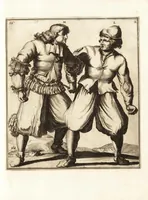 An illustration from L'academie de l'admirable art de la lutte : montrant d'une maniere très exacte non seulement la force extraordinaire de l'homme, mais aussi les mouvemens merveilleux, l'usage singulier, & les souplesses des principales parties ou membres du corps humain : avec une instruction claire & familiaire, comment on peut en toutes les occasions repousser sûrement & adroitement toutes sortes d'insultes & d'attaques