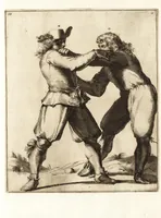 An illustration from L'academie de l'admirable art de la lutte : montrant d'une maniere très exacte non seulement la force extraordinaire de l'homme, mais aussi les mouvemens merveilleux, l'usage singulier, & les souplesses des principales parties ou membres du corps humain : avec une instruction claire & familiaire, comment on peut en toutes les occasions repousser sûrement & adroitement toutes sortes d'insultes & d'attaques