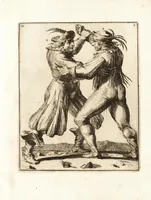 An illustration from L'academie de l'admirable art de la lutte : montrant d'une maniere très exacte non seulement la force extraordinaire de l'homme, mais aussi les mouvemens merveilleux, l'usage singulier, & les souplesses des principales parties ou membres du corps humain : avec une instruction claire & familiaire, comment on peut en toutes les occasions repousser sûrement & adroitement toutes sortes d'insultes & d'attaques