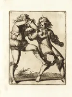 Picture 10 of 23 from L'academie de l'admirable art de la lutte : montrant d'une maniere très exacte non seulement la force extraordinaire de l'homme, mais aussi les mouvemens merveilleux, l'usage singulier, & les souplesses des principales parties ou membres du corps humain : avec une instruction claire & familiaire, comment on peut en toutes les occasions repousser sûrement & adroitement toutes sortes d'insultes & d'attaques, leaf 84