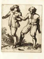 Picture 11 of 23 from L'academie de l'admirable art de la lutte : montrant d'une maniere très exacte non seulement la force extraordinaire de l'homme, mais aussi les mouvemens merveilleux, l'usage singulier, & les souplesses des principales parties ou membres du corps humain : avec une instruction claire & familiaire, comment on peut en toutes les occasions repousser sûrement & adroitement toutes sortes d'insultes & d'attaques, leaf 88
