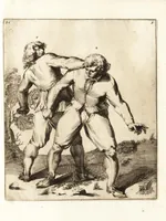 An illustration from L'academie de l'admirable art de la lutte : montrant d'une maniere très exacte non seulement la force extraordinaire de l'homme, mais aussi les mouvemens merveilleux, l'usage singulier, & les souplesses des principales parties ou membres du corps humain : avec une instruction claire & familiaire, comment on peut en toutes les occasions repousser sûrement & adroitement toutes sortes d'insultes & d'attaques