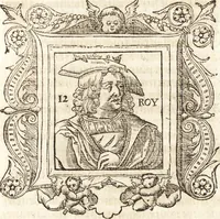 An illustration from Les anciennes et modernes genealogies des roys de France et mesment du roy Pharamond : auec leurs epitaphes et effigies .. (1527)