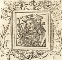 An illustration from Les anciennes et modernes genealogies des roys de France et mesment du roy Pharamond : auec leurs epitaphes et effigies .. (1527)