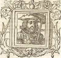 An illustration from Les anciennes et modernes genealogies des roys de France et mesment du roy Pharamond : auec leurs epitaphes et effigies .. (1527)