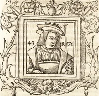 An illustration from Les anciennes et modernes genealogies des roys de France et mesment du roy Pharamond : auec leurs epitaphes et effigies .. (1527)