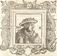 An illustration from Les anciennes et modernes genealogies des roys de France et mesment du roy Pharamond : auec leurs epitaphes et effigies .. (1527)