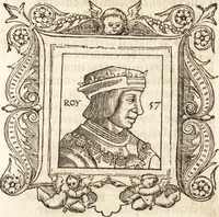 An illustration from Les anciennes et modernes genealogies des roys de France et mesment du roy Pharamond : auec leurs epitaphes et effigies .. (1527)