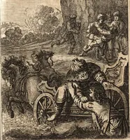 An illustration from d' Argenis van J. Barklai : daar in niet alleenlijk veel vreemde voorvallen van gebeurlijke dingen, maar bezonderlijk vortreffelijke zaken, die de godsdienst, de bestiering van staten, beleit van oorlogen, en de burgerlijke handel aangaan, vertoont worden : beneffens de sleutel en aanwijzing van de namen der personen, die men daar by verstaan kan (1680)