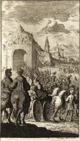 An illustration from d' Argenis van J. Barklai : daar in niet alleenlijk veel vreemde voorvallen van gebeurlijke dingen, maar bezonderlijk vortreffelijke zaken, die de godsdienst, de bestiering van staten, beleit van oorlogen, en de burgerlijke handel aangaan, vertoont worden : beneffens de sleutel en aanwijzing van de namen der personen, die men daar by verstaan kan (1680)