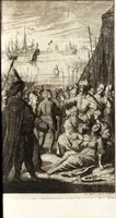 An illustration from d' Argenis van J. Barklai : daar in niet alleenlijk veel vreemde voorvallen van gebeurlijke dingen, maar bezonderlijk vortreffelijke zaken, die de godsdienst, de bestiering van staten, beleit van oorlogen, en de burgerlijke handel aangaan, vertoont worden : beneffens de sleutel en aanwijzing van de namen der personen, die men daar by verstaan kan (1680)