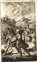 An illustration from d' Argenis van J. Barklai : daar in niet alleenlijk veel vreemde voorvallen van gebeurlijke dingen, maar bezonderlijk vortreffelijke zaken, die de godsdienst, de bestiering van staten, beleit van oorlogen, en de burgerlijke handel aangaan, vertoont worden : beneffens de sleutel en aanwijzing van de namen der personen, die men daar by verstaan kan (1680)