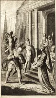 An illustration from d' Argenis van J. Barklai : daar in niet alleenlijk veel vreemde voorvallen van gebeurlijke dingen, maar bezonderlijk vortreffelijke zaken, die de godsdienst, de bestiering van staten, beleit van oorlogen, en de burgerlijke handel aangaan, vertoont worden : beneffens de sleutel en aanwijzing van de namen der personen, die men daar by verstaan kan (1680)