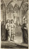 An illustration from d' Argenis van J. Barklai : daar in niet alleenlijk veel vreemde voorvallen van gebeurlijke dingen, maar bezonderlijk vortreffelijke zaken, die de godsdienst, de bestiering van staten, beleit van oorlogen, en de burgerlijke handel aangaan, vertoont worden : beneffens de sleutel en aanwijzing van de namen der personen, die men daar by verstaan kan (1680)