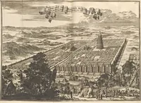 An illustration from Athanasii Kircheri e Soc. Jesu Turris Babel, sive, Archontologia qua primo priscorum post diluvium hominum vita, mores rerumque gestarum magnitudo, secundo Turris fabrica civitatumque extructio, confusio linguarum, & inde gentium transmigrationis, cum principalium inde enatorum idiomatum historiia, multiplici eruditione describunter & explicantur (1679)