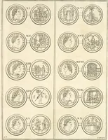 An illustration from Le cabinet de la Bibliotheque de Sainte Genevieve : divisé en deux parties : contenant les antiquitez de la réligion des chrétiens, des Egyptiens, & des Romains; des tombeaux, des poids & des médailles; de monnoyes, des pierres antiques gravées, & des mineraux ... (1692)