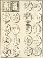 An illustration from Le cabinet de la Bibliotheque de Sainte Genevieve : divisé en deux parties : contenant les antiquitez de la réligion des chrétiens, des Egyptiens, & des Romains; des tombeaux, des poids & des médailles; de monnoyes, des pierres antiques gravées, & des mineraux ... (1692)