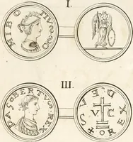 An illustration from Le cabinet de la Bibliotheque de Sainte Genevieve : divisé en deux parties : contenant les antiquitez de la réligion des chrétiens, des Egyptiens, & des Romains; des tombeaux, des poids & des médailles; de monnoyes, des pierres antiques gravées, & des mineraux ... (1692)