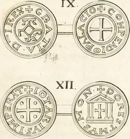 An illustration from Le cabinet de la Bibliotheque de Sainte Genevieve : divisé en deux parties : contenant les antiquitez de la réligion des chrétiens, des Egyptiens, & des Romains; des tombeaux, des poids & des médailles; de monnoyes, des pierres antiques gravées, & des mineraux ... (1692)