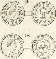 An illustration from Le cabinet de la Bibliotheque de Sainte Genevieve : divisé en deux parties : contenant les antiquitez de la réligion des chrétiens, des Egyptiens, & des Romains; des tombeaux, des poids & des médailles; de monnoyes, des pierres antiques gravées, & des mineraux ... (1692)