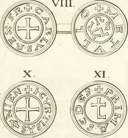 An illustration from Le cabinet de la Bibliotheque de Sainte Genevieve : divisé en deux parties : contenant les antiquitez de la réligion des chrétiens, des Egyptiens, & des Romains; des tombeaux, des poids & des médailles; de monnoyes, des pierres antiques gravées, & des mineraux ... (1692)