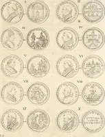An illustration from Le cabinet de la Bibliotheque de Sainte Genevieve : divisé en deux parties : contenant les antiquitez de la réligion des chrétiens, des Egyptiens, & des Romains; des tombeaux, des poids & des médailles; de monnoyes, des pierres antiques gravées, & des mineraux ... (1692)