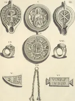 An illustration from Le cabinet de la Bibliotheque de Sainte Genevieve : divisé en deux parties : contenant les antiquitez de la réligion des chrétiens, des Egyptiens, & des Romains; des tombeaux, des poids & des médailles; de monnoyes, des pierres antiques gravées, & des mineraux ... (1692)
